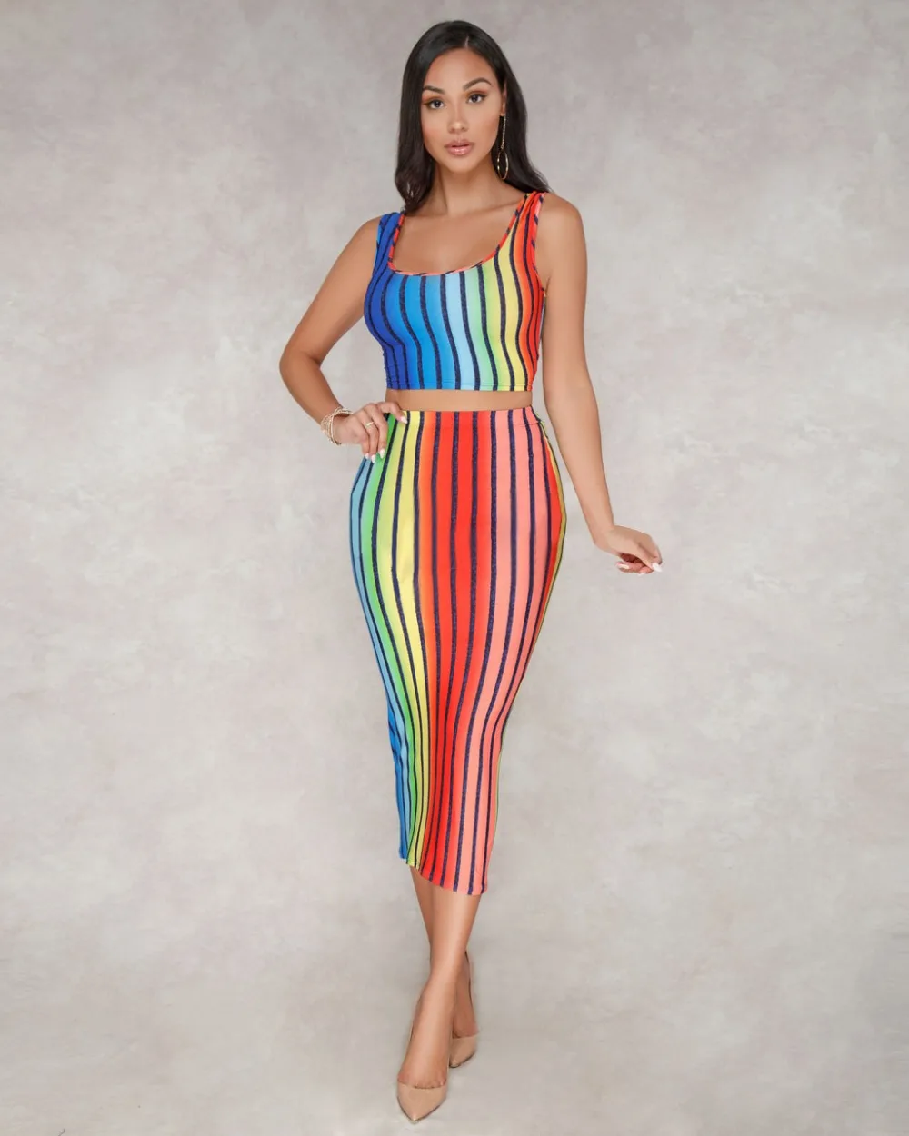 2018 two pieces set beach dress women strap sexy bodycon dress rainbow