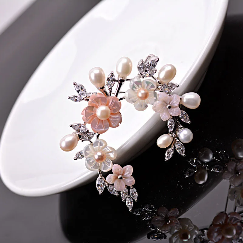 С модным фианитом цветок жемчужные броши в форме морских раковин штифт роскошный свадебный ювелирный аксессуар 2150053