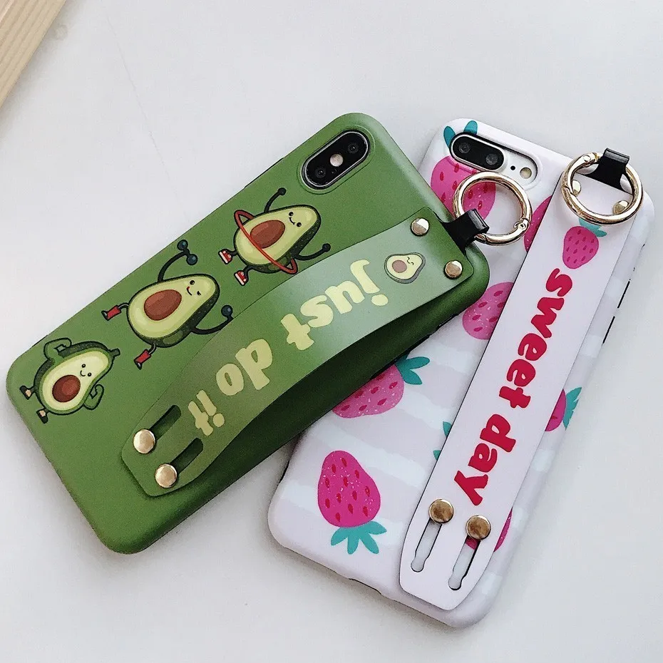 

Fruit Avocado Strawberry Case for iPhone XR XS Max X Cute Soft Cases Luxury Wrist Strap Phone Cover for iPhone 7 8 6S 6 Plus