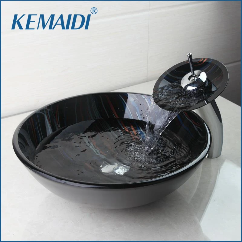 Kemaidi كومبو مجموعة مكافحة الأعلى خلاط صنابير بالوعة مستديرة السفن استنزاف بالوعة الحمام الغرور شلال صنبور الكروم حمام مجموعة