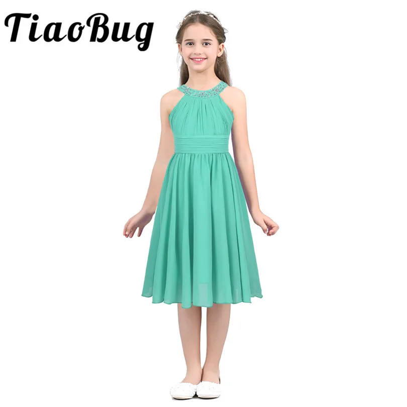 Tiaobug/Летнее Детское платье принцессы для девочек, цветок из стразов воротник-хомутиком шифоновое платье из тюля для дня рождения, торжественная вечеринка