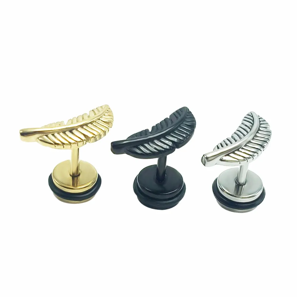 Pair Fashion Feather Stud Earrings Ear Studs Stainless Steel Silver Gold Black For Men Women Jewelry Anti-allergic New 20161