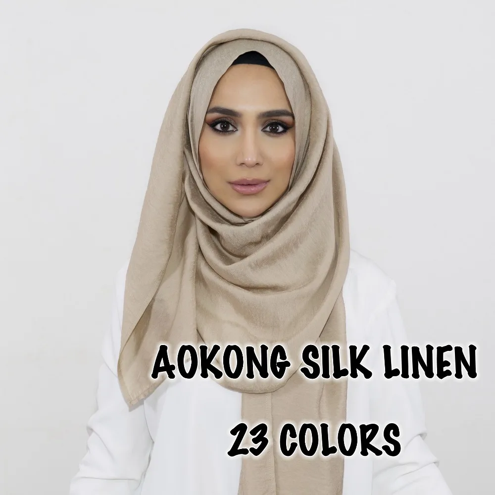95*180cm New High Quality Soft Silk Linen Shinny Solid Plain Shawls Oversize Muslim Headband Wraps Hijab Scarves 2