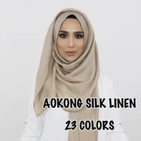 95*180cm New High Quality Soft Silk Linen Shinny Solid Plain Shawls Oversize Muslim Headband Wraps Hijab Scarves 2