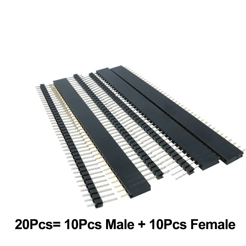 

20pcs 10 pairs 40 Pin 1x40 Single Row Male and Female 2.54 Breakable 40Pin Header 40P PCB JST Connector Strip for Arduino Black