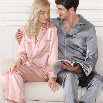 

Couple Pajamas Silk Stain Sleepwear Summer Women 2019 Pyjamas sexy plus size Pink long sleeve top and pants pijama set nightwear