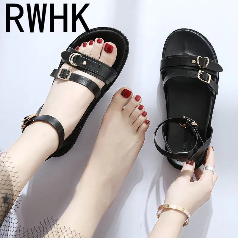 

RWHK 2019 new retro British wind round head word buckle with muffin bottom Rome flat sandals female summer B226