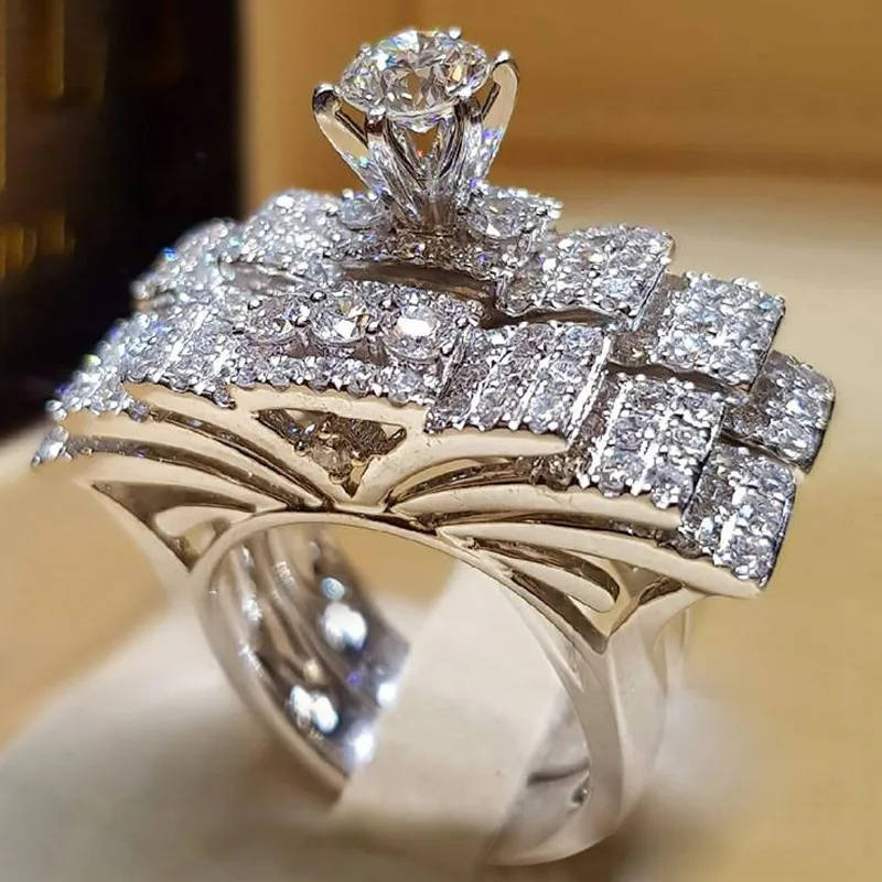 Модный брендовый женский набор круглых колец с фианитами, ювелирное изделие из белого золота, обручальные кольца для женщин