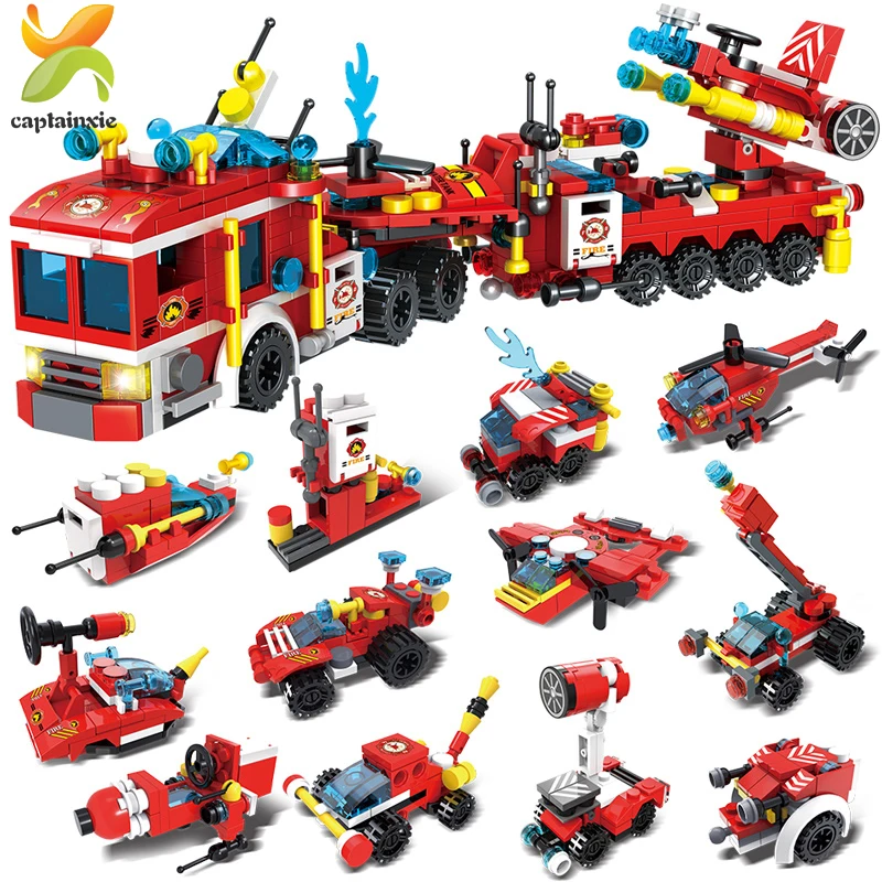 

670pcs 12in1 Fire Fighting Trucks set Building Blocks Compatible City helicopter Firefighter figures Toys For Children