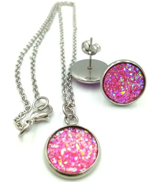 

1sets lot Jewelry Sets for Women druzy glitter stone Hypoallergenic stainless steel Necklace/Earrings Jewelry Sets Wholesale