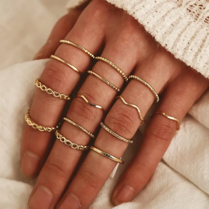 

GIVVLLRY 14 pcs/set Minimalist Midi Rings for Women Bohemian Classic Basic Gold Geometric Twisted Knuckle Rings Set Jewelry