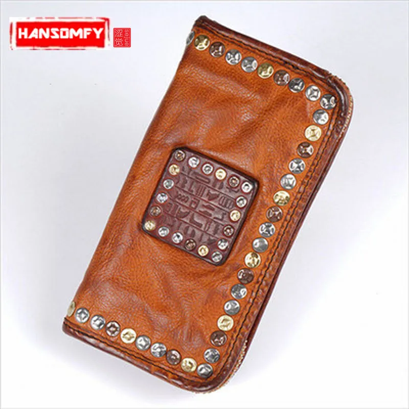 

Genuine leather Men's wallet cowhide handbag women's cell phone handbag handmade leather tide zipper rivet long retro wallets