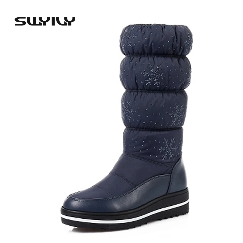 Fashion Crystal Women Thick Sole with Platform Mid-Calf Snow Boots Breathable Warm Plush Inside High Quality Female Winter Shoes