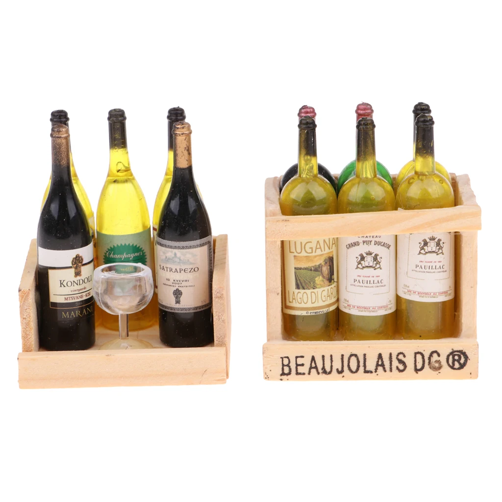 2 Set Miniature Beer Wine Drink Bottles Goblet Cup With Magnet Wooden Storage Box 1/12 Dollhouse Kitchen Life Scenes Decoration