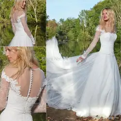 Длинные рукава чистой свадебные платья белого тюля кружева свадебные платья сад свадебные платья с аппликациями