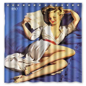 

Novelty Item!Vintage Pin Up Girl Lay On Blue Bed Background Printed Waterproof Polyester Shower&Bath Curtain( 180X180CM)