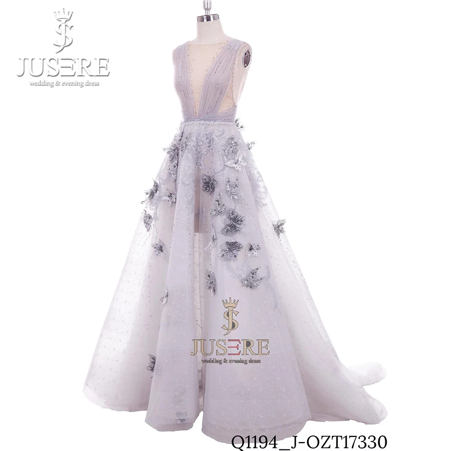 Плиссированное вечернее платье Jusere Haute Couture с V образным вырезом открытой спиной и