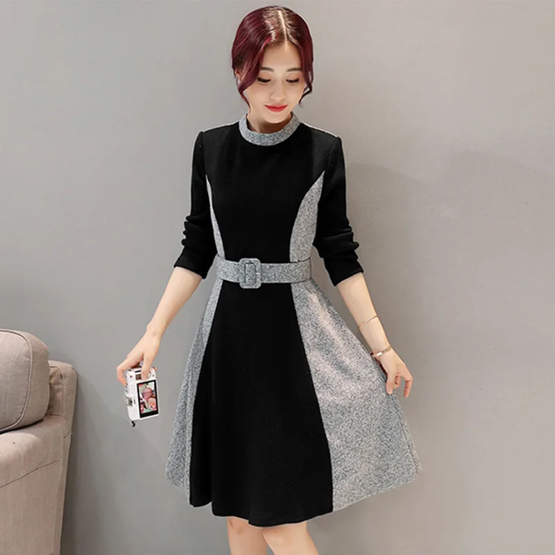 High Quality Womens Clothing Spring Autumn Winter Dress Vestidos Fashion Patchwork Women Wool Dress Vintage Party