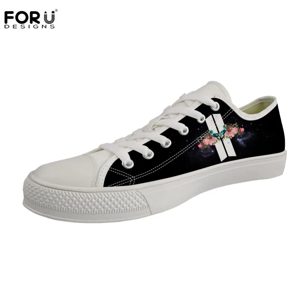 

FORUDESIGNS 2019 Fashion KPOP BTS Printing Women Flats Shoes EVA Sole Breathables Casual Student Lace Up Canvas Vulcanized Shoes