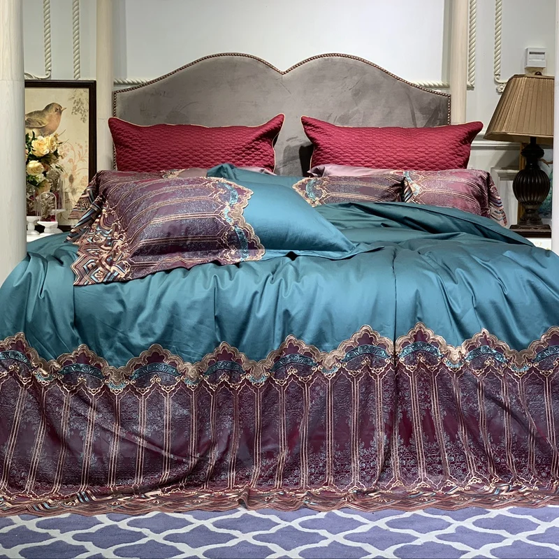 

New Luxury 100S Egyptian Cotton Lace Bedding Set Comfortable Blue Brown Purple Duvet Cover Bed Linen Bed sheet Pillowcases 4pcs