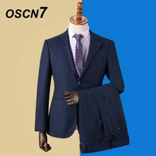 OSCN7 синий плед Костюмы Под заказ Для мужчин Slim Fit Свадебная вечеринка Для мужчин s индивидуальные костюм Мода 3 предмета Блейзер брюки жилет DM-025