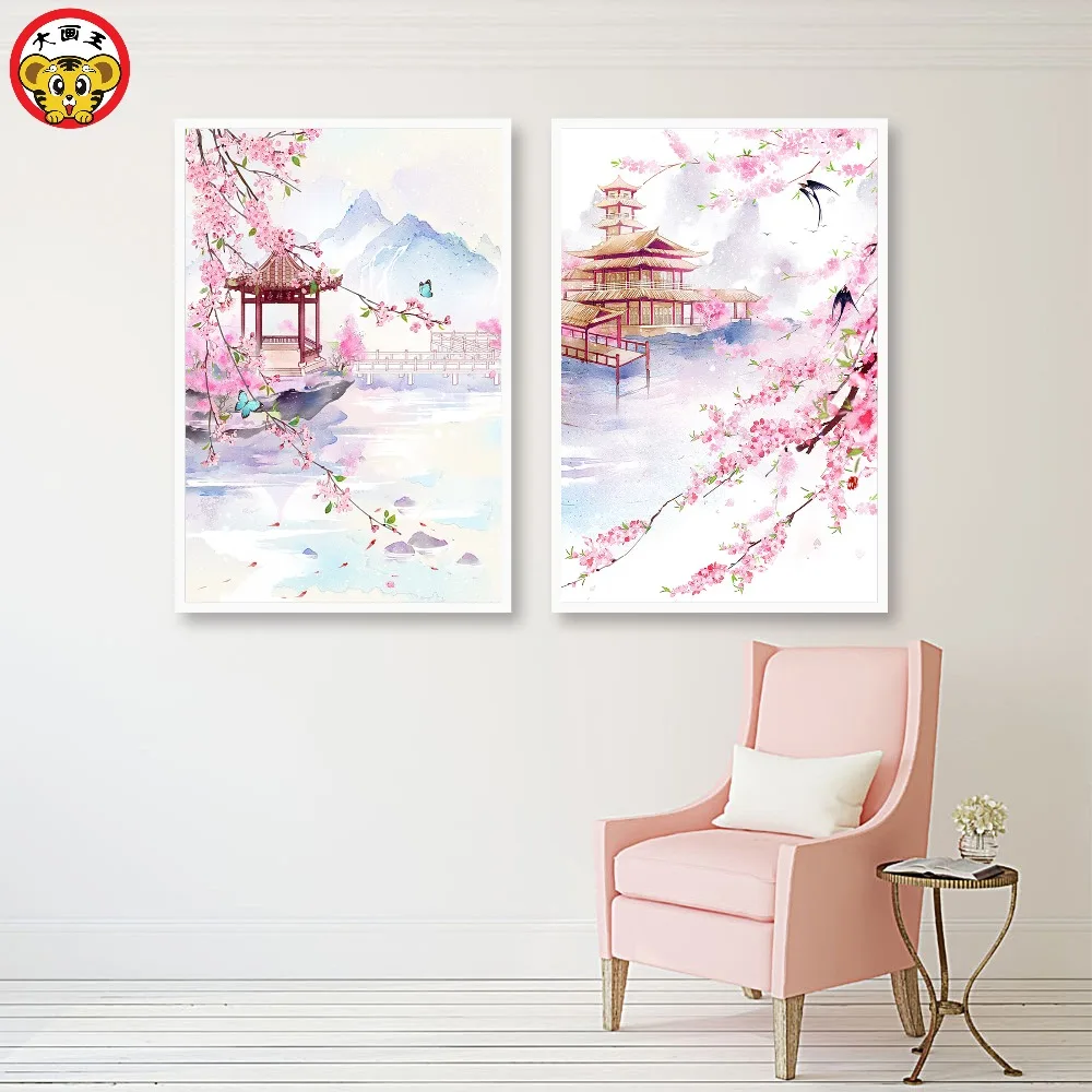 Картина по номерам художественная краска по номерам Китайская древняя городская башня персиковый пейзаж Костюмные картины по номерам на холсте маслом