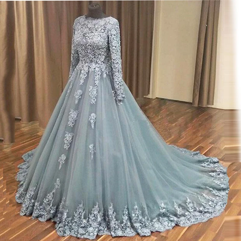 

Elegant Gray Blue Long Sleeves Evening Dress Women Event Occasion Maxi Gown Custom Made Lace Tulle Prom Dress