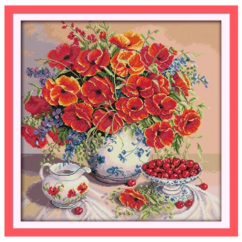 

Poppy and Cherry Patterns Counted Cross Stitch 11CT 14CT Cross Stitch Sets Cross-stitch Kits Embroidery Needlework
