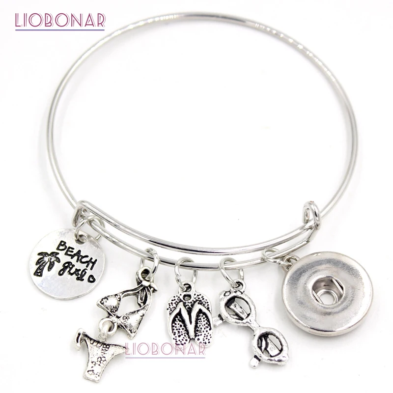 

10PCS Wholesale 18mm Snap Jewelry expandable Bangle Beach Girl Slipper Bikini Snap Button Bracelets for Women Ladies Gifts