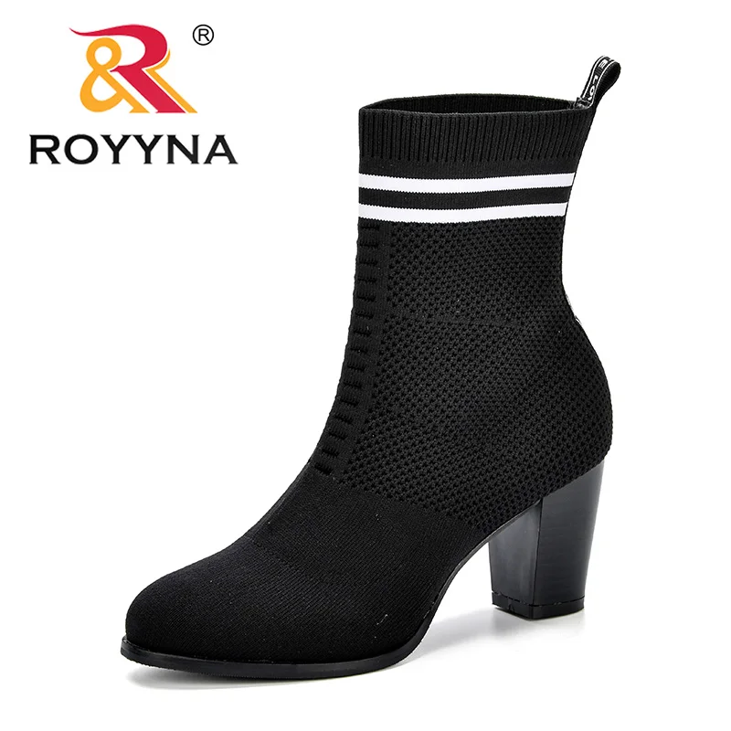 

ROYYNA Autumn New Women Sock Boots Round Toe Elastic Fly-Knit Boots Slip On High Heel Mid-Calf Boots Women Pumps Stiletto Botas