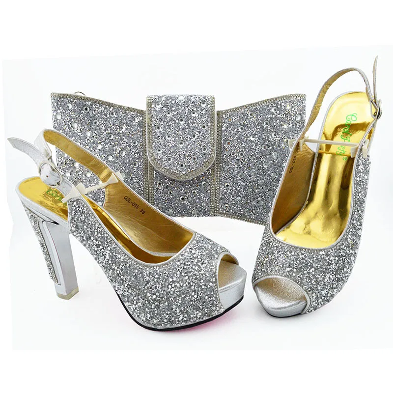

New Arrival silver Color African Women Matching Italian Shoes and Bag Set Decorated with Rhinestone Italian Ladies Shoe and Bag
