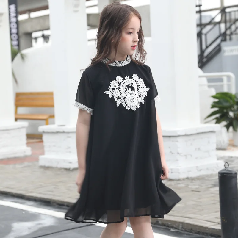 Шифоновое платье для девочек-подростков, летние платья для больших девочек, черное детское праздничное платье принцессы, размер 4567, 8, 9, 10, 11, 12, 14, 15 лет - Цвет: Black
