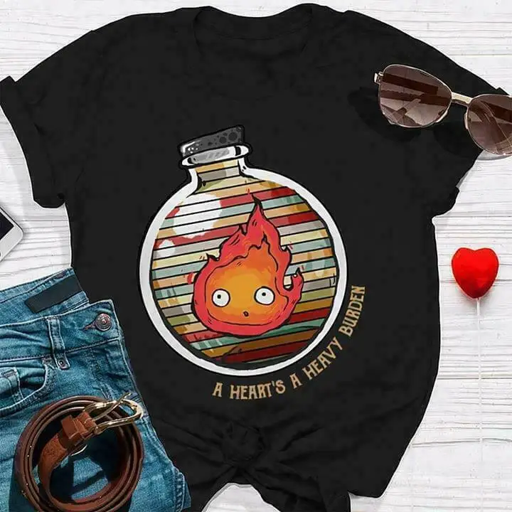Calcifer Ghibli A Heart'S Тяжелая черная футболка M 6 Xl