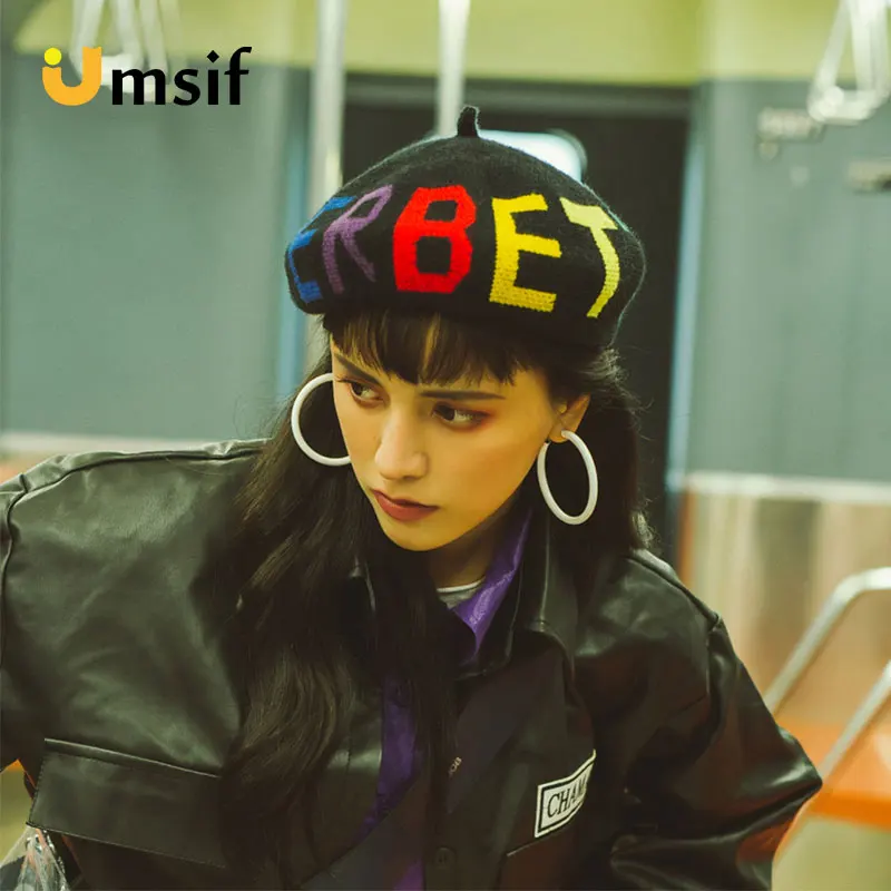 Skup 2019 nowa zimowa damska francuski styl list wełna dzianiny berety kobiety moda ciepły malarz berety kapelusz kobieta czapki czapka