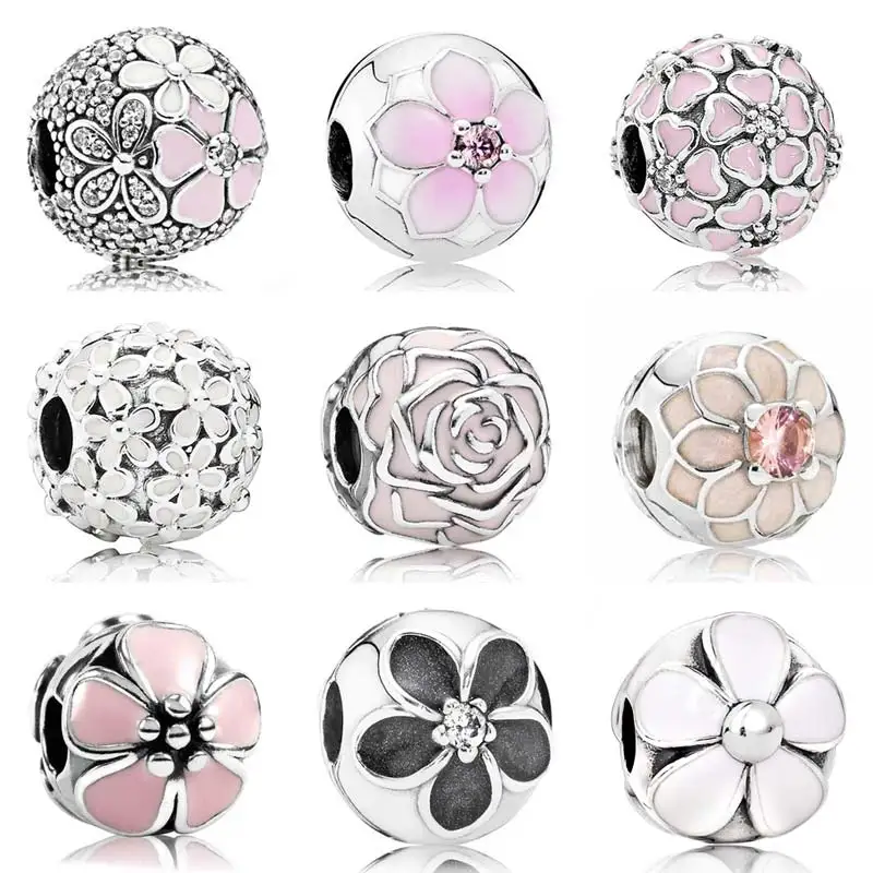 

Pink Enamel Magnolia Poetic Cherry Bloom Daisy Flower Clip Stopper Beads Fit Pandora Bracelet 925 Sterling Silver Charm Jewelry