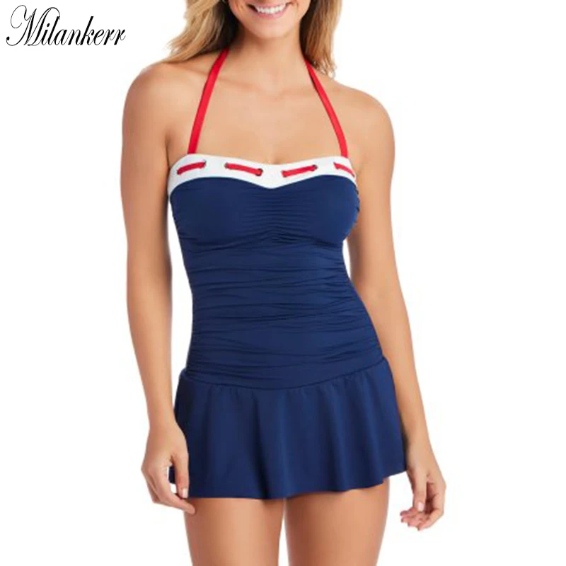 

Sexy Halter Monokini Swimwear for Women Retro Stylish One piece Suit Skirts Type Swimsuit Drawstring Beach Bathing Suit Female