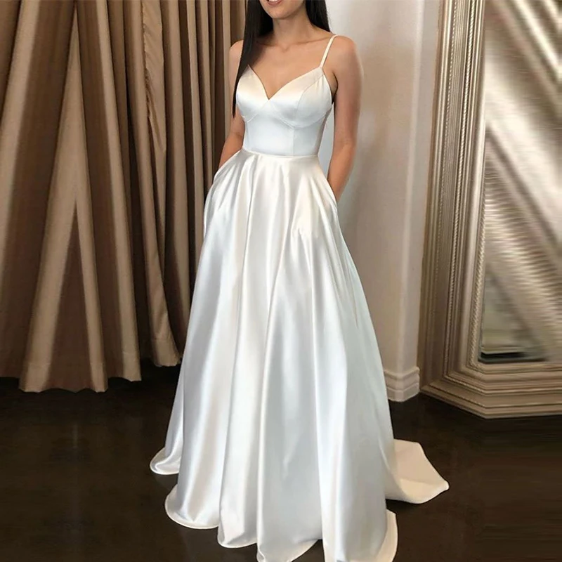 

Robe de mariee 2019 Spaghetti Straps Satin Wedding Dresses with Pockets Simple Wedding Gowns trajes de novia