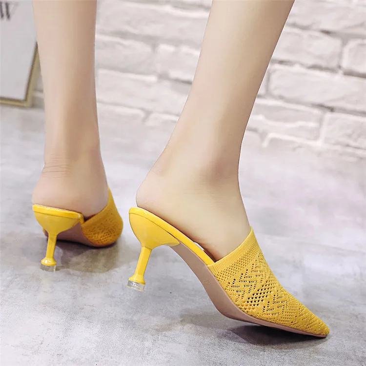 Summer Pointed Toe Women Sandals High Heels Yellow Fashion Slip On Mules Hollow Fabric Slides Thin Heels Slipper Sandalias Mujer