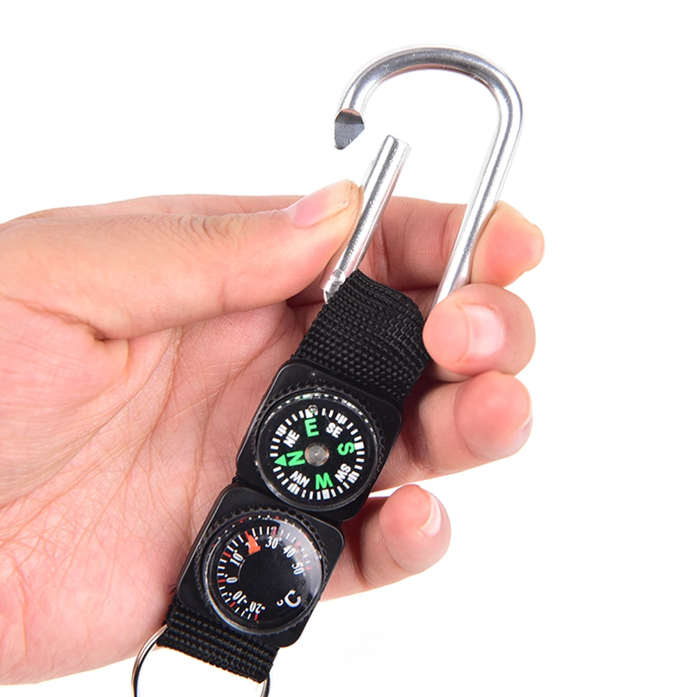 Mini Carabiner w/ Keychain Compass Multifunction 3 in 1 Camping Climbing Hiking Thermometer hanger Key Ring Black