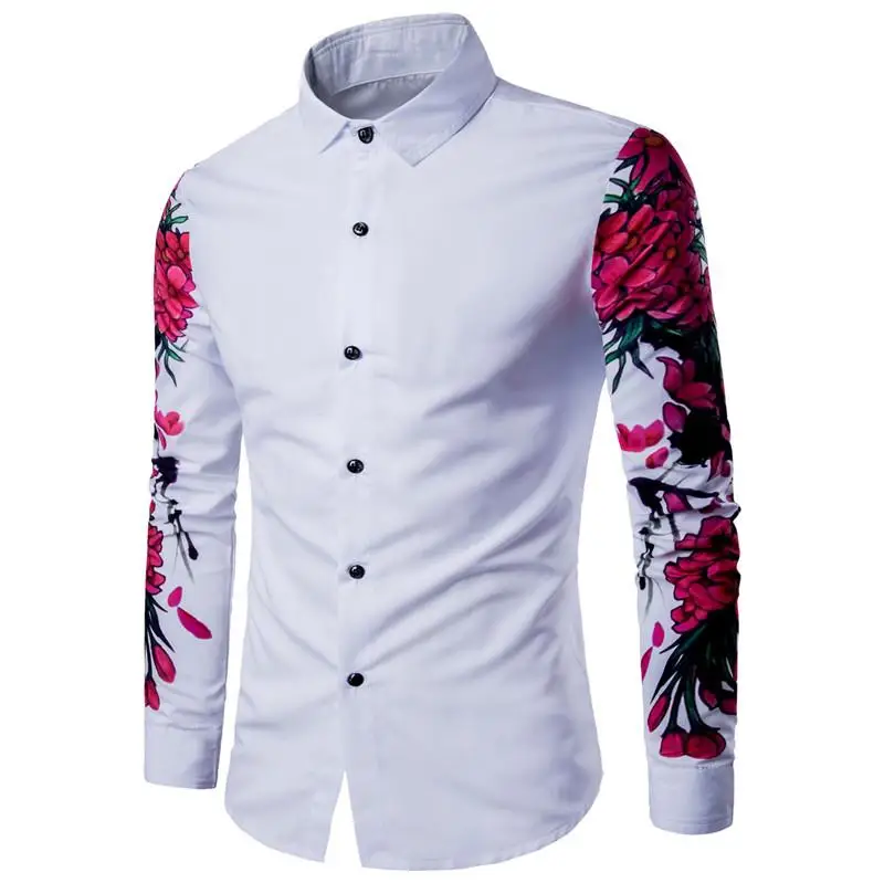 

Plum Design Floral Flowers Print Slim Fit Man Casual Shirt Fashion Men Dress Shirts Long Sleeve Summer Men Shirt