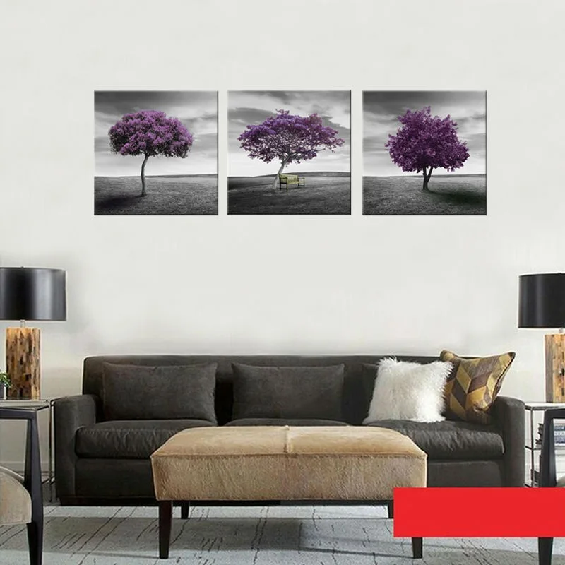 3 Piece Tree Landscape Painting Modern Wall Art Home Decoration Purple