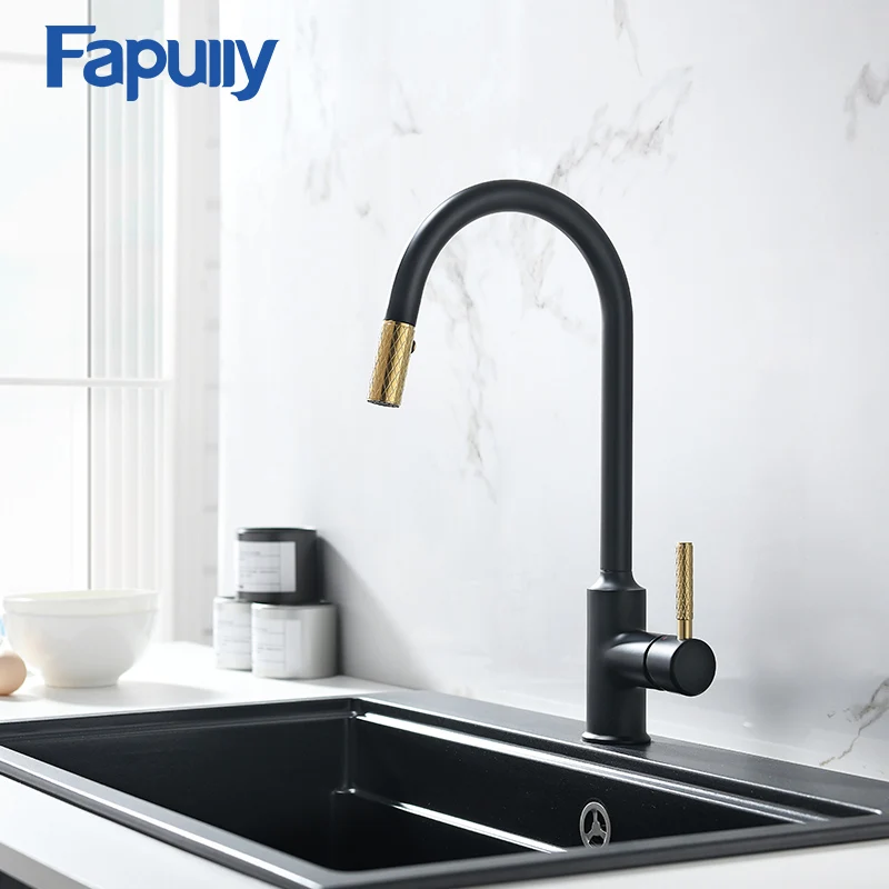 Fapully Kitchen Faucet Pull Down Brass Cold and Hot Mixer Tap Black Gold Water Single Holder Faucet Kitchen Sink Crane 1076 Fapully Kitchen Faucet Pull Down Brass Cold and Hot Mixer Tap Black Gold Water Single Holder Faucet Kitchen Sink Crane 1076