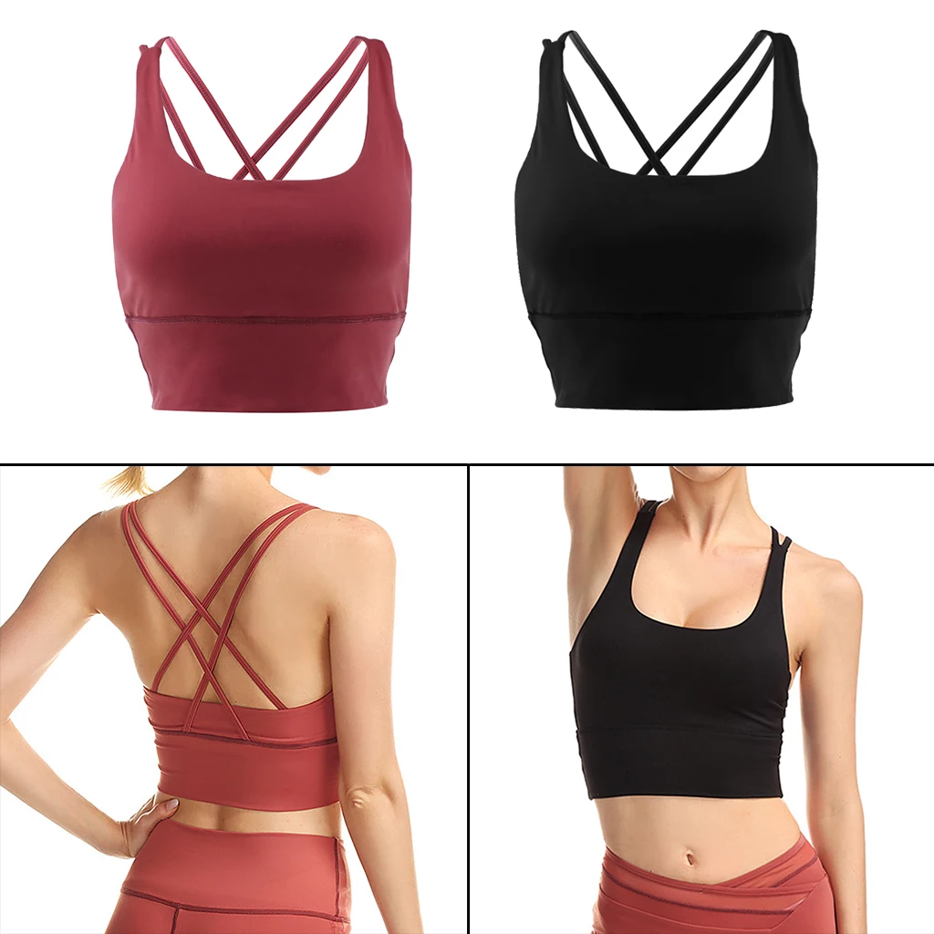 Womens Push-up Padded Strappy Sports Bra Top Cross Back Wirefree Fitness Vest Unremovable Padded Wireless Tops Lady Underwear