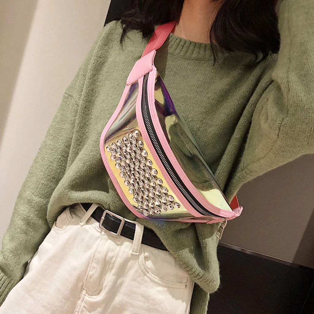 

Shoulder Diagonal Bag Laser Gradient Color Rivet Shoulder Bag Zipper Rivets Messenger Bags Chest Bag Waist Bags