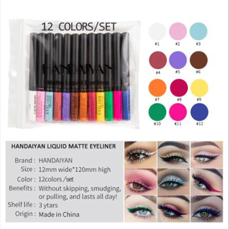 

HANDAIYAN 12 Color Matte Eye Cosmetics Eyeliner Makeup Waterproof Easy To Wear Long Lasting Sexy Charming Color Eyeliner 12 pcs