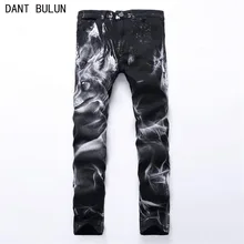 2017 New fashion Men’s wolf printed jeans men slim straight Black stretch jeans high quality designer jeans nightclubs pants