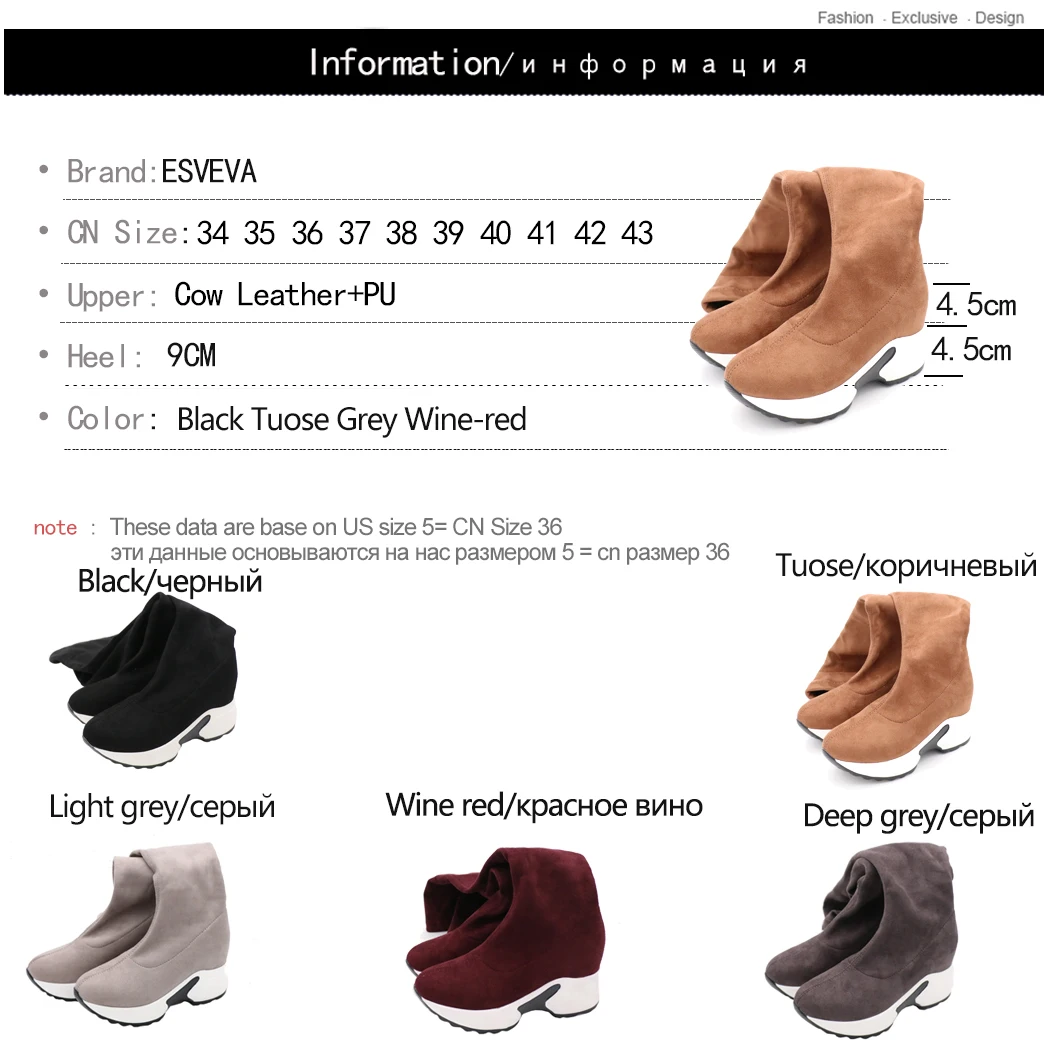 ESVEVA Over The Knee Boots Winter Women Boots Wedge High Heel Slip On Elastic Flock Motorcycle Platform Size 34-43