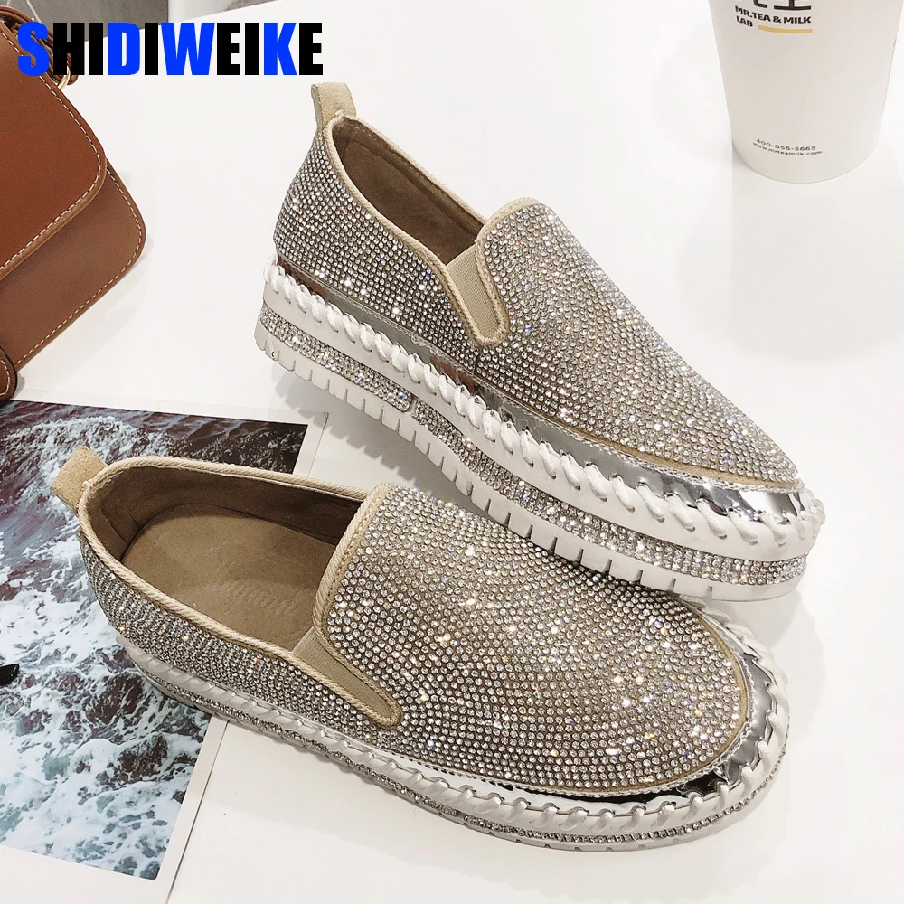 Comprar Alpargatas de moda de marca europea 2019 zapatos de cuero de mujer creepers flats mocasines de mujer mocasines con cristal g361