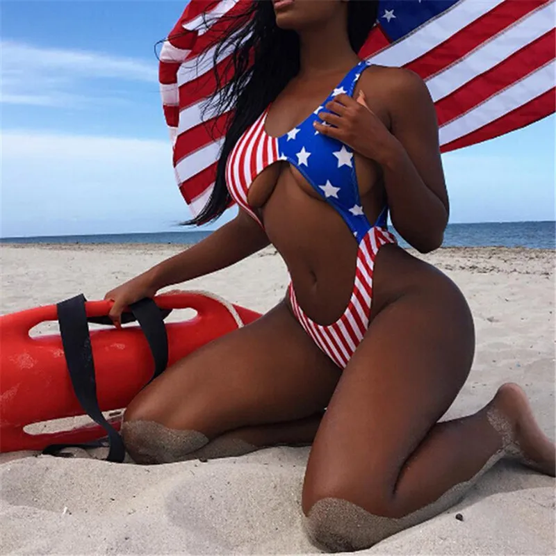 Bikini 2019 Swimwear Women One Piece USA Stripe Stars Print Bikini 