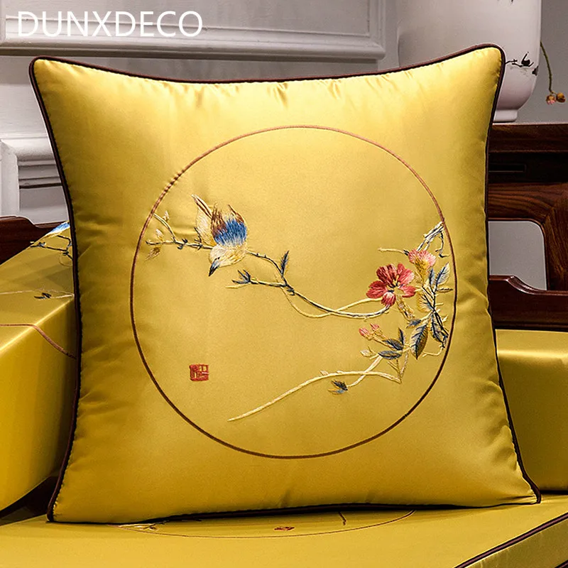 

DUNXDECO Cushion Cover Decorative Pillow Case Vintage Chinese Traditional Round Mirror Birds Flora Luxury Embroidery Art Coussin